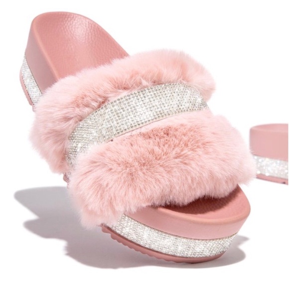 Blush Faux Fur Rhinestone Platform Sandals Slipper - Picture 4 of 9